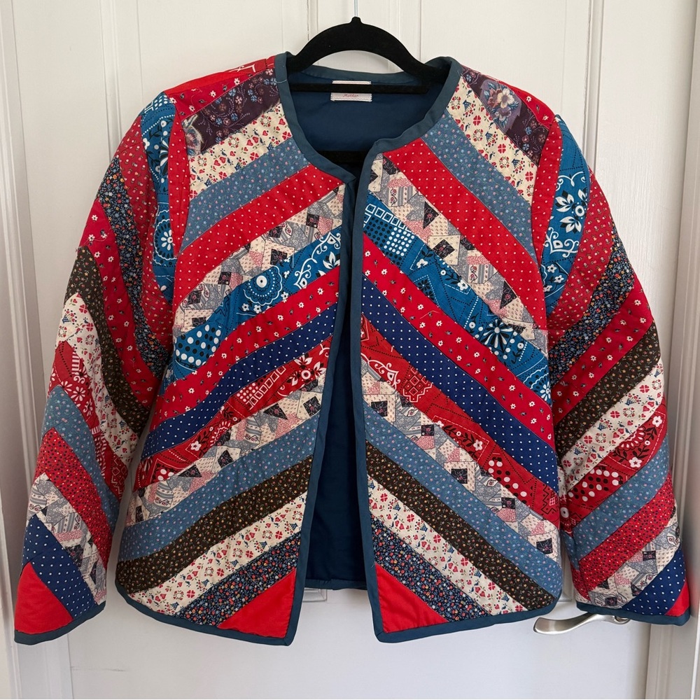 Handmade Vintage Quilted Patchwork Jacket in Red, White & Blue